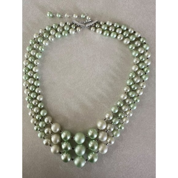 Japan Jewelry - Japan 1950s silver tone light green faux pearls beaded 3 triple strand necklace